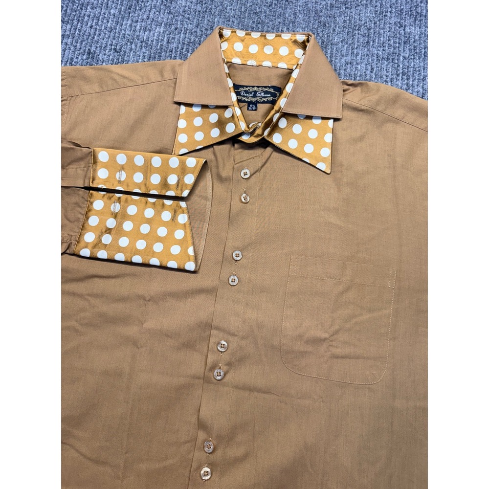 Daniel Ellissa Mens Tan Polka Dot Contrast Collar French Cuff Dress Shirt 17.5